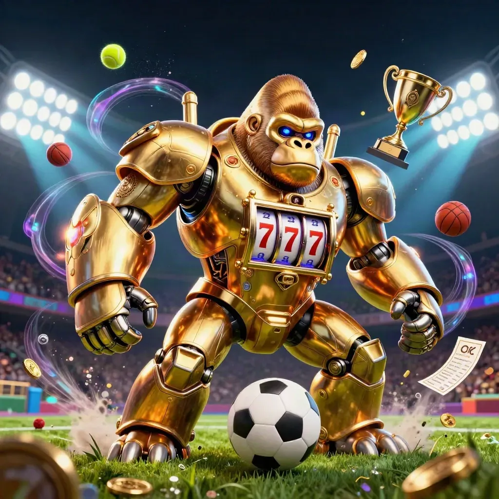 Golden gorilla slot-mech lunging through flying soccer, basketball, tennis balls, coins, and purple stadium haze.