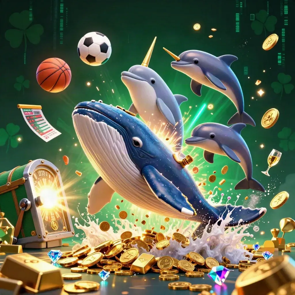 Whale captain, narwhal, and dolphins amid gold coins, sports balls, and casino light bursts