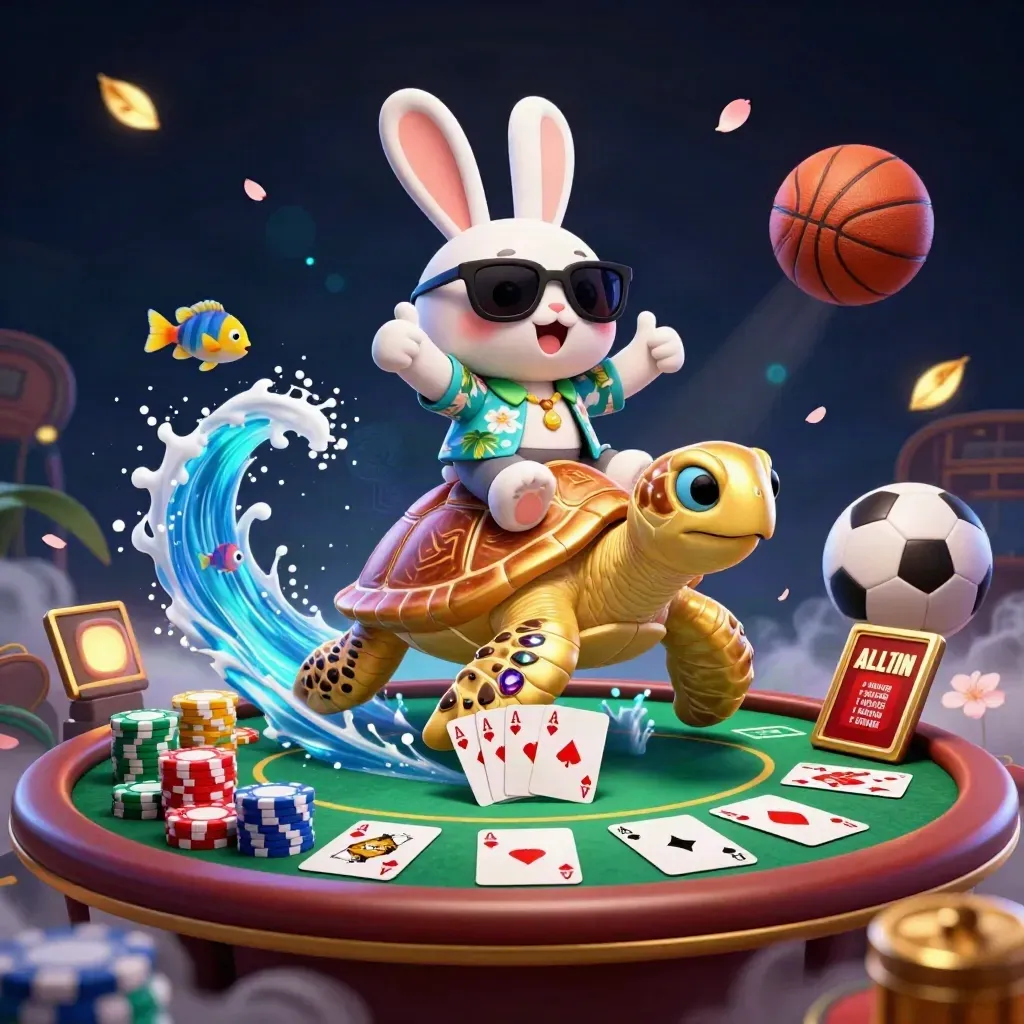 Lucky rabbit rides a golden turtle amid poker chips, cards, fish, and neon casino glow.