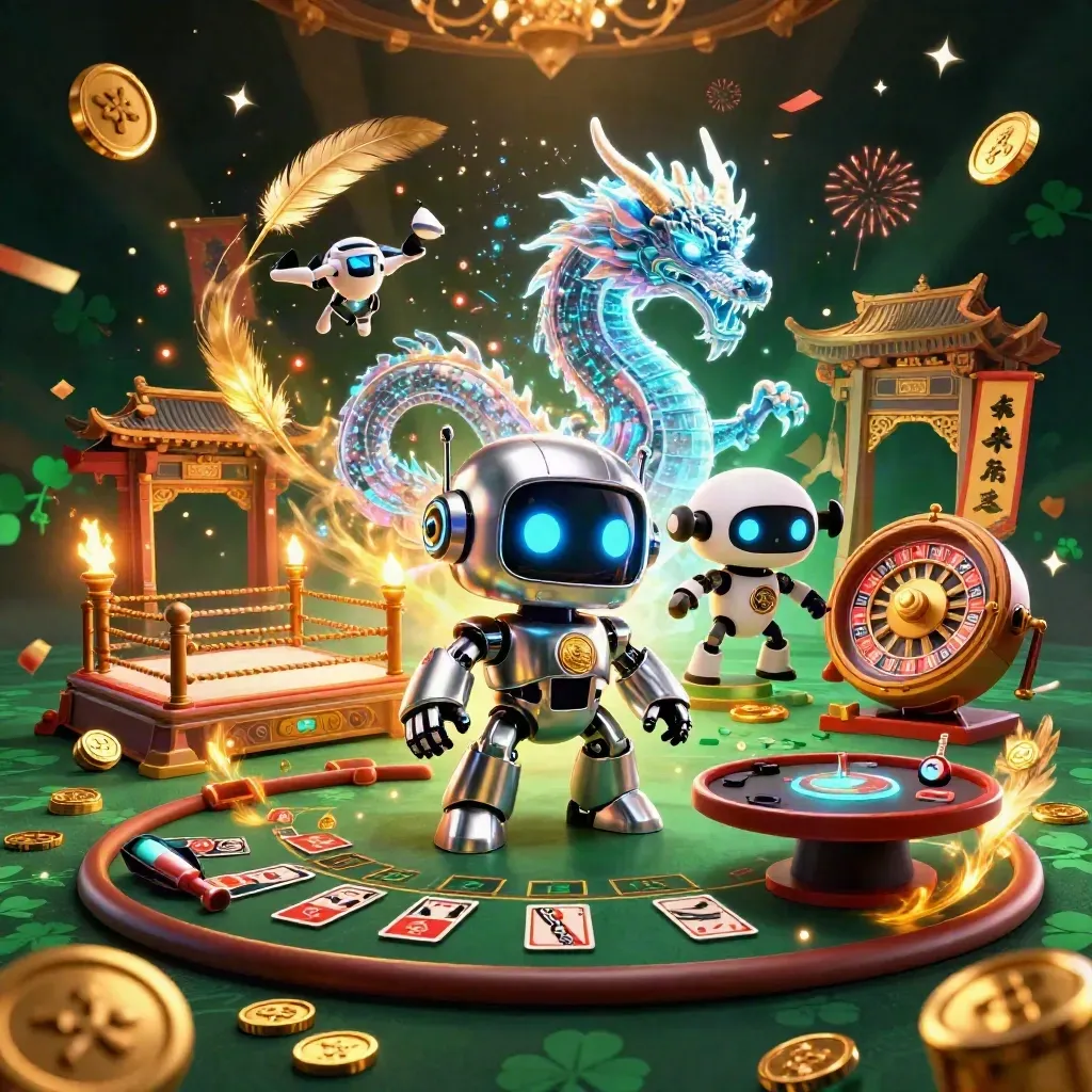 Robot, holographic dragon, and coin drone amid casino fantasy lights, coins, sparks, and temple decor