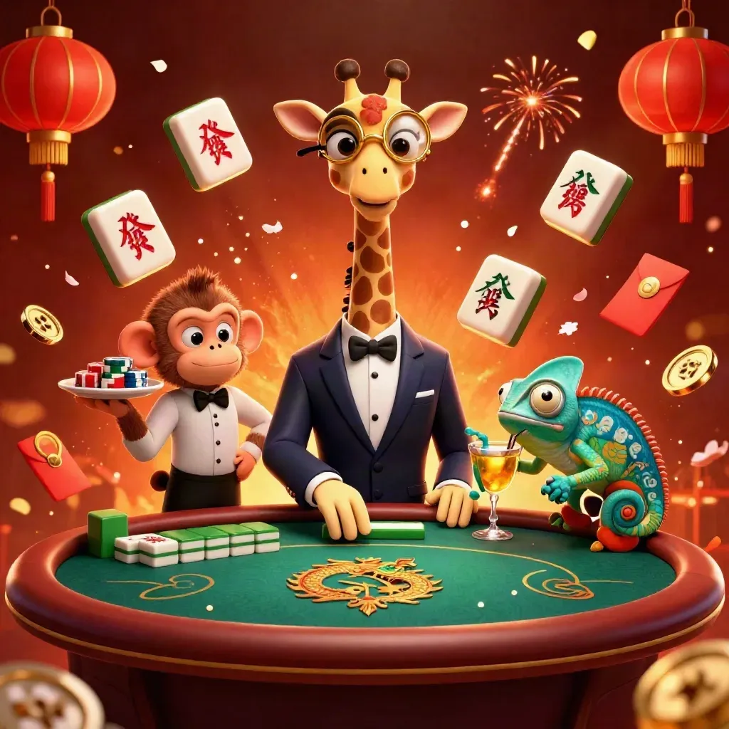 Giraffe, monkey valet and chameleon at a dragon-crest poker table amid gold and jade casino magic