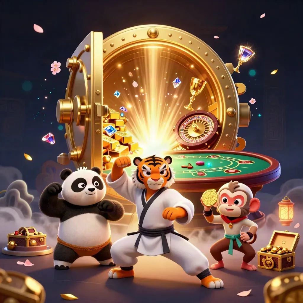 Tiger, panda, and monkey in a treasure vault with gold and a glowing casino wheel.