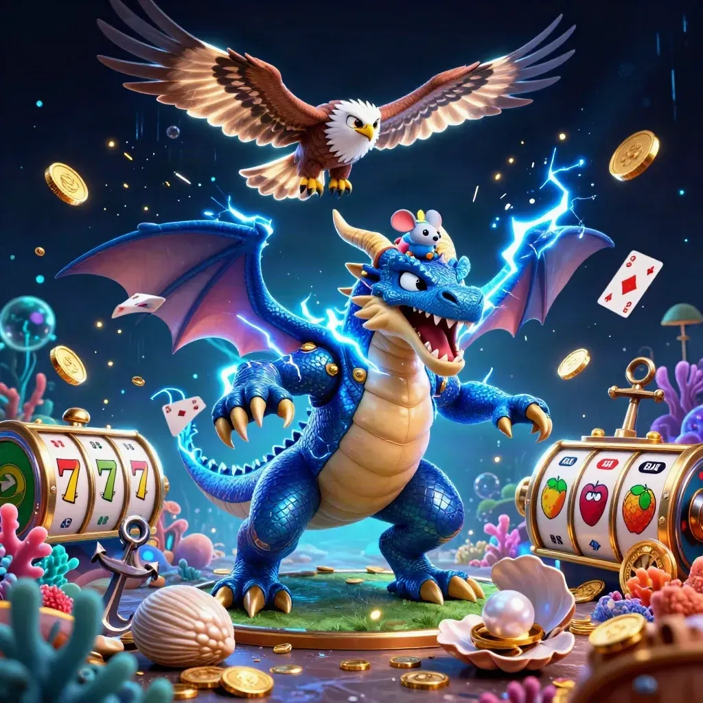 Thunder dragon, wind hawk, and crackling mouse amid gold coins, coral, cards, and neon ocean treasure