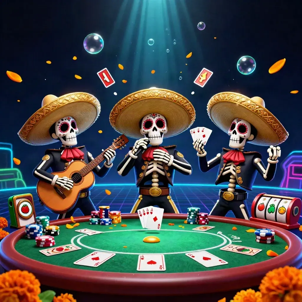 Skeleton mariachi trio at a poker table with chips, aces, neon cyan glow, and casino fantasy effects