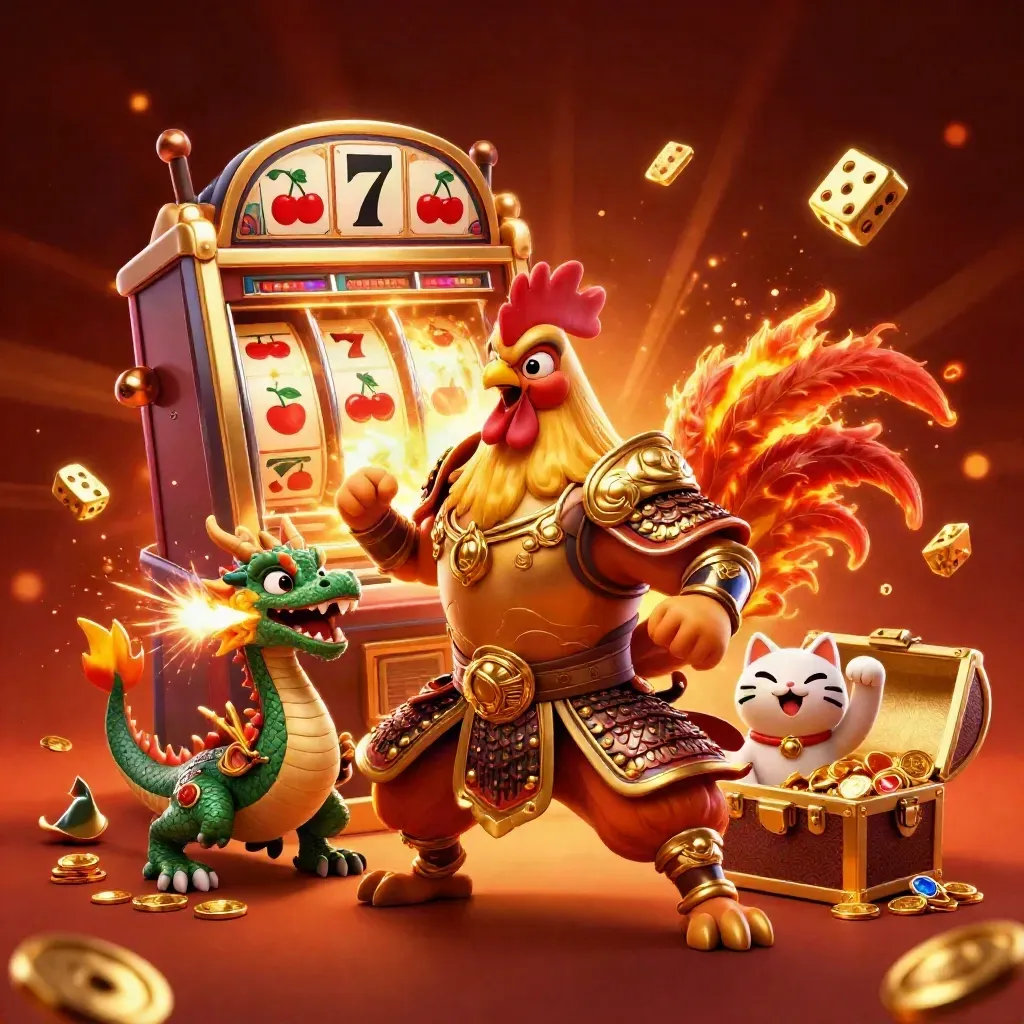 Rooster warrior, dragon hatchling and fortune cat burst from a slot machine amid gold and sparks.
