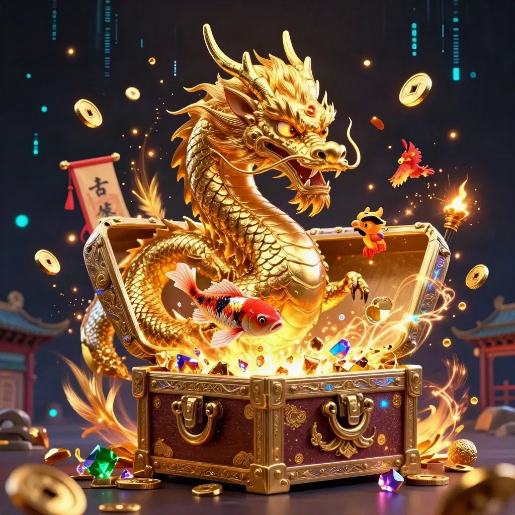 Golden dragon, red phoenix and koi burst from a treasure chest in a navy casino fantasy scene.
