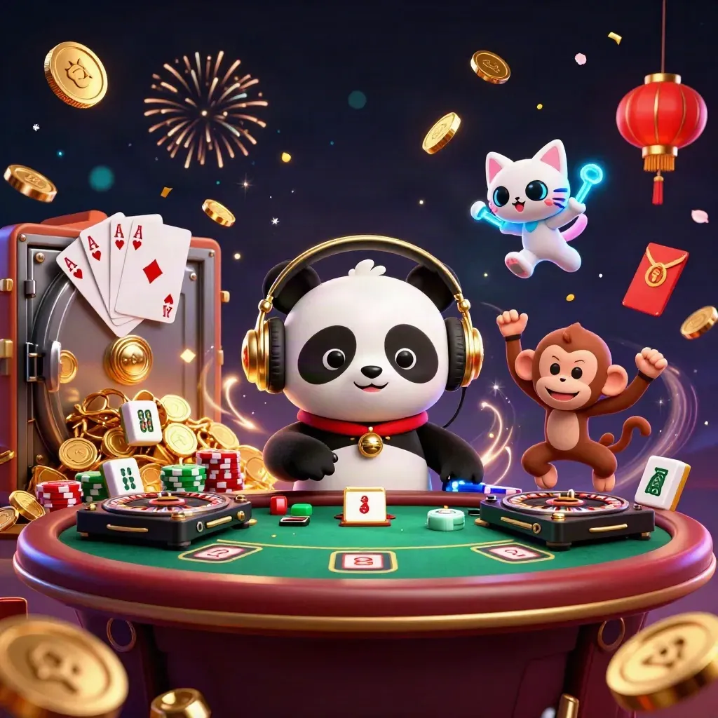 DJ panda, breakdancing monkey and glow-stick kitten amid gold coins, fireworks and poker chips