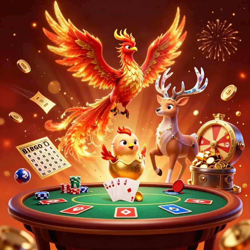Phoenix, hatching egg, and crystal stag erupt amid coins, chips, fireworks, and a poker table.