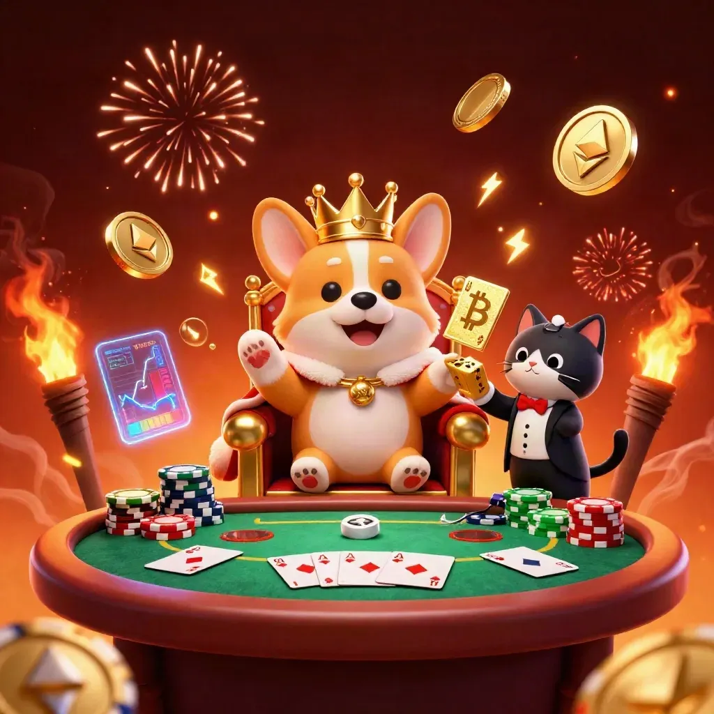 Royal corgi and cat butler amid coins, chips, crypto glow, fireworks, and treasure