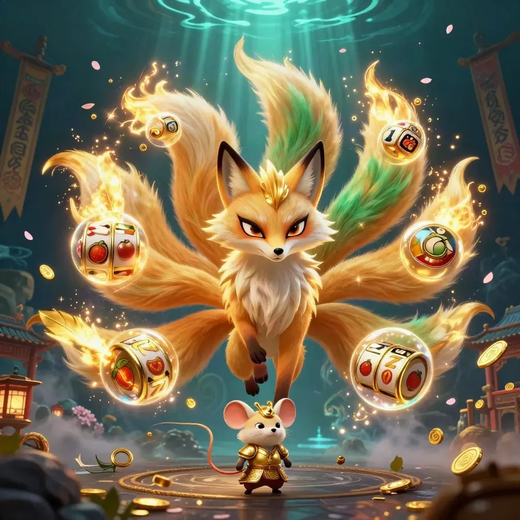 Golden nine-tailed fox spirit with mouse samurai, casino symbols, and temple magic