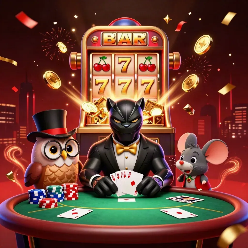 Panther, owl, and mouse celebrate amid slots, chips, coins, fireworks, and a poker table.