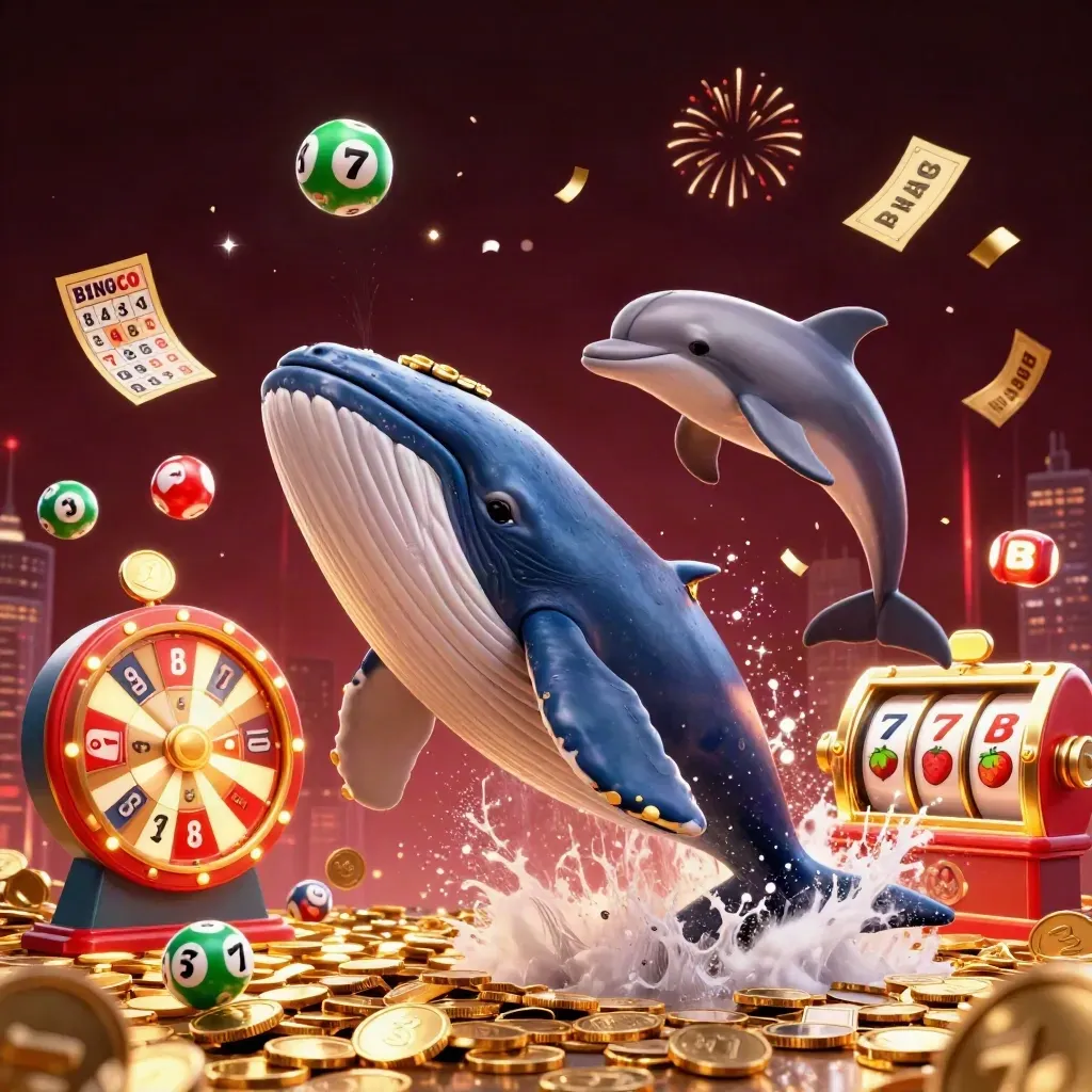 Whale captain, narwhal, and dolphins burst through coins with casino symbols and fireworks.