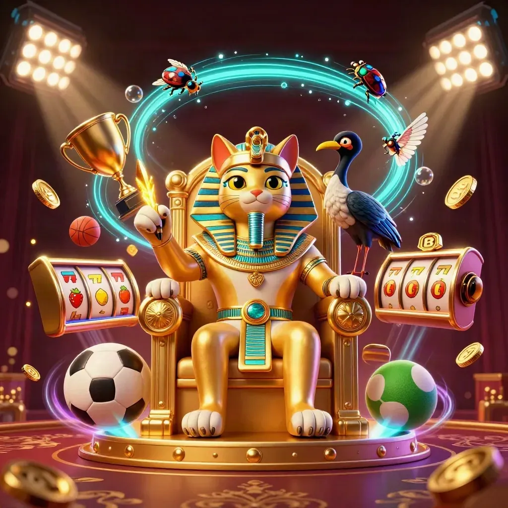 Regal pharaoh cat throne scene with ibis scribe, scarabs, casino reels, sports balls, and gold coins